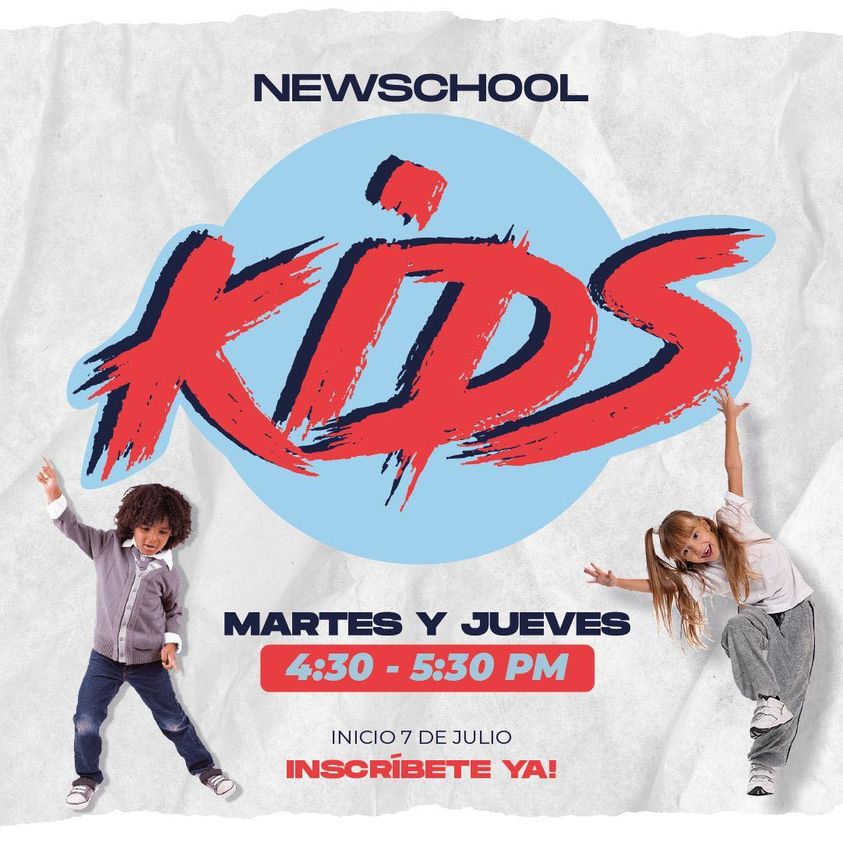 La imagen puede contener: 1 persona, texto que dice "NEWSCHOOL KIDS MARTES Y JUEVES 4:30 5:30 PM INICIO7 107 DE JULIO INSCRÍBETE YA!"